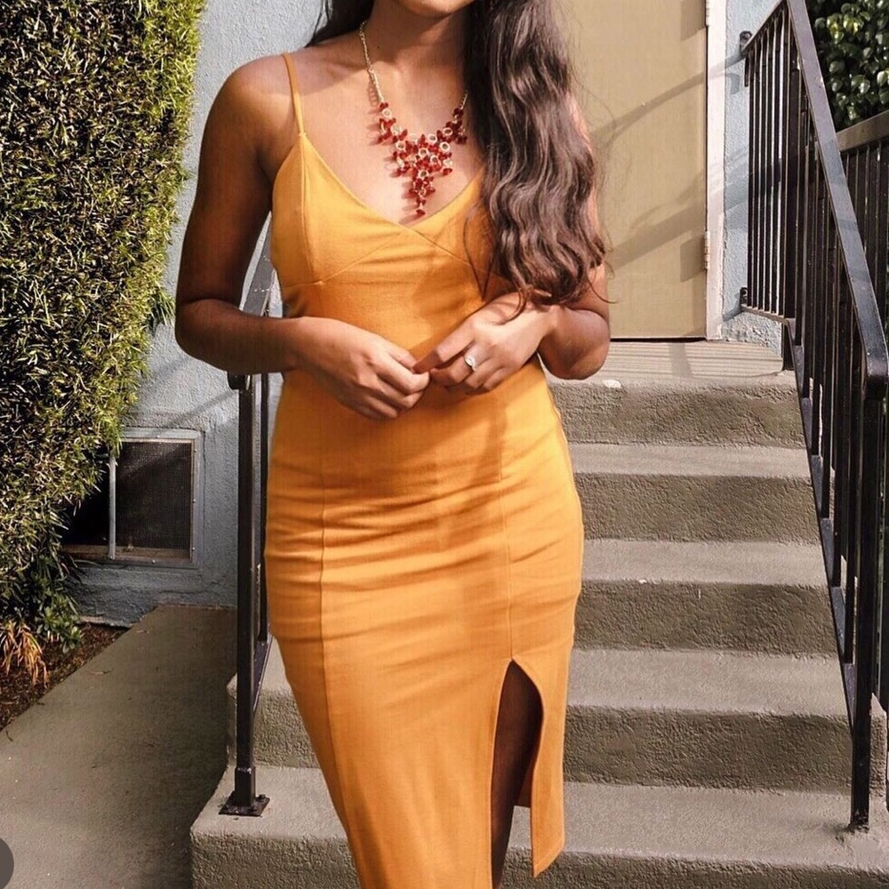 Yellow Orange Midi Dress With Slit